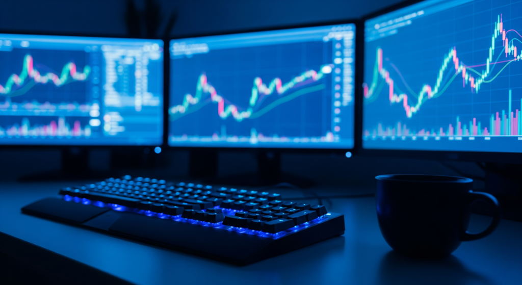 Cinematic close-up photography of a modern high-tech trading desk workspace at night, illuminated by the cool blue glow of multiple monitor screens displaying abstract financial data charts and candlestick patterns, shallow depth of field focusing on a sleek mechanical keyboard and a cup of black coffee, ambient steel-gray bias lighting, professional atmosphere, hyper-realistic, 8k resolution, high dynamic range, no text, no letters